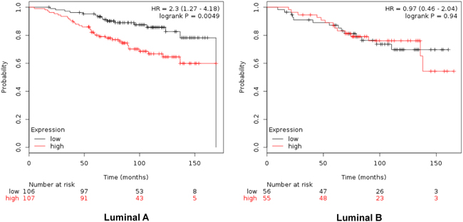 Association of the combined analyses of GTSE, CDCA3, FAM83D and SMC4 with overall survival in Luminal A. and B. tumors using KM Plotter online tool, as described in material and methods.