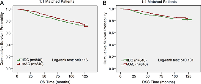 Log-rank test of 1:1 matched groups to compare invasive apocrineadenocarcinoma (AAC) to infiltrating ductal carcinoma (IDC).