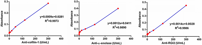 Calibration curves of the ELISAs for anti-coffilin-1, anti-alpha-enolase and anti-RGI2.