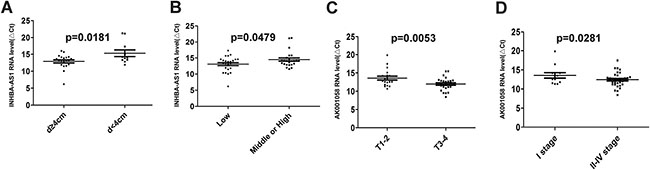 The relationship between lncRNA levels and the clinicopathological features of GC patients in training set.