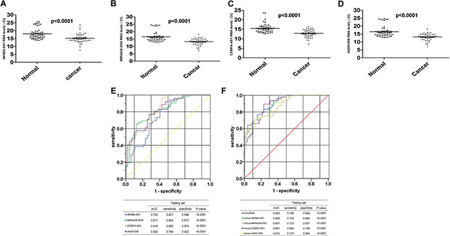 Distribution of lncRNAs in plasma and AUC for lncRNA panels in testing set.