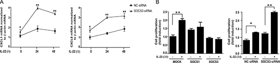 SOCS3 counteracts CXCL1 and CXCL8 expression and proliferation triggered by IL-22 in human keratinocytes.