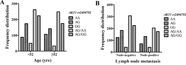 Hstogram and box plots illustrating the frequency distribution of AKT1 rs2494752 polymorphism and stratified clinicopathological features.