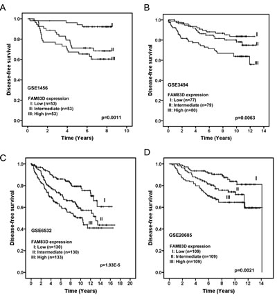 Elevated expression of FAM83D is associated with poor disease-free survival of breast cancer patients in four different cohorts (A) GSE1456, (B) GSE3494, (C) GSE6532, and (D) GSE20685.