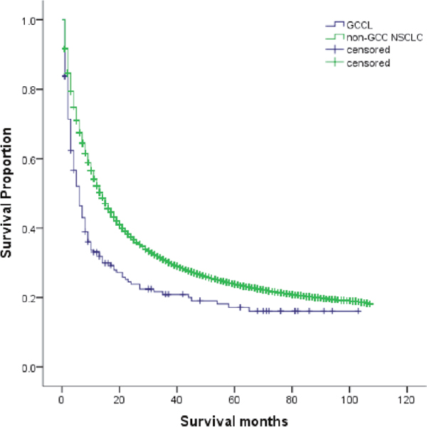 Kaplan-Meier curve of overall survival in patients with GCCL and with non-GCC NSCLCs (P &#x003C;0.001).