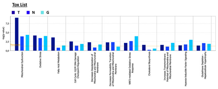 Tox list of pathways identified as differentially regulated in the lysates of TAMR, NQO1 and GCLC cells relative to control MCF7 cells, by Ingenuity Pathway Analysis.