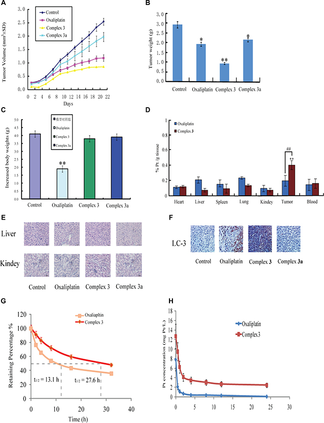 In vivo antitumor activity of oxaliplatin, complex 3 and complex 3a in A549 xenograft tumors.
