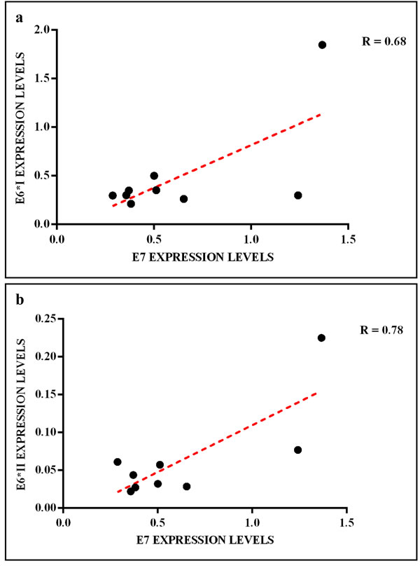 Linear correlation between (a) E6*I/E7 and (b) E6*II/E7 expression levels in cervical SCC.