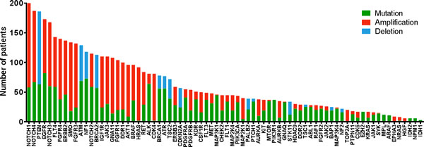 Number of patients with previously unknown actionable mutations (green), Amplification (red) and Deletions (blue) for each gene detected in the T200 platform.