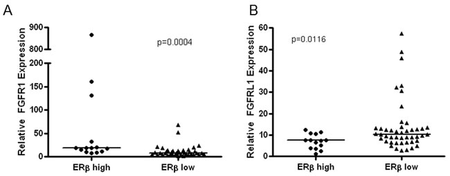 Quantitation of mRNA expression of FGFR1 and FGFRL1 (FGFR5) in NSCLC biospecimens that differ by ER&#x3b2; status.