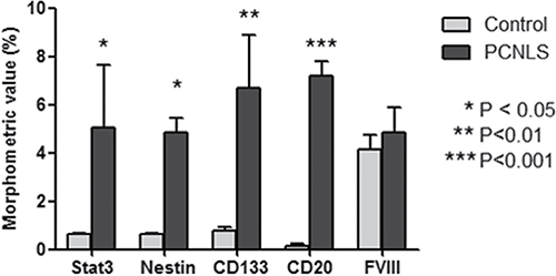 Morphometric analysis of Stat3, Nestin, CD133, CD20 and FVIII expression.