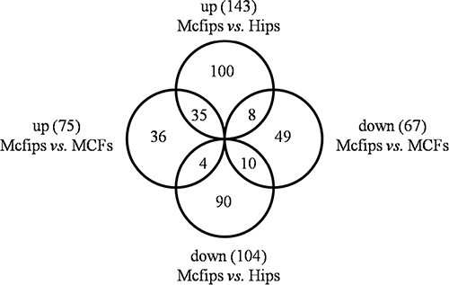 Venn-Euler diagrams of differentially expressed proteins in Mcfips comparing to Hips and MCFs.