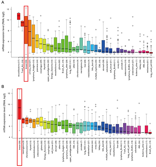 GATA3 and TRPS1 were distinctively high expressed in breast cancer cell lines from CCLE analysis.