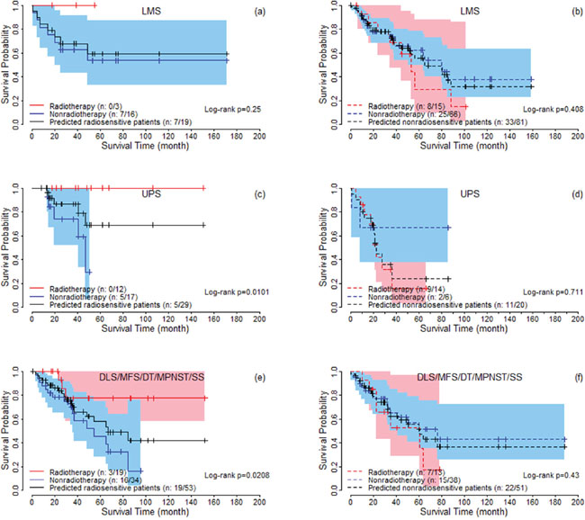 The survival curves under radiotherapy and nonradiotherapy for predicted radiosensitive and nonradiosensitive patients with different histologic types.