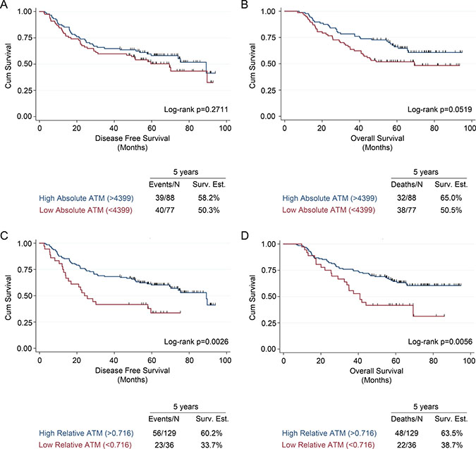 Univariate survival analysis in early stage NSCLC patients based on ATM expression measured using malignant cell-specific ATM and ATM expression index scores.