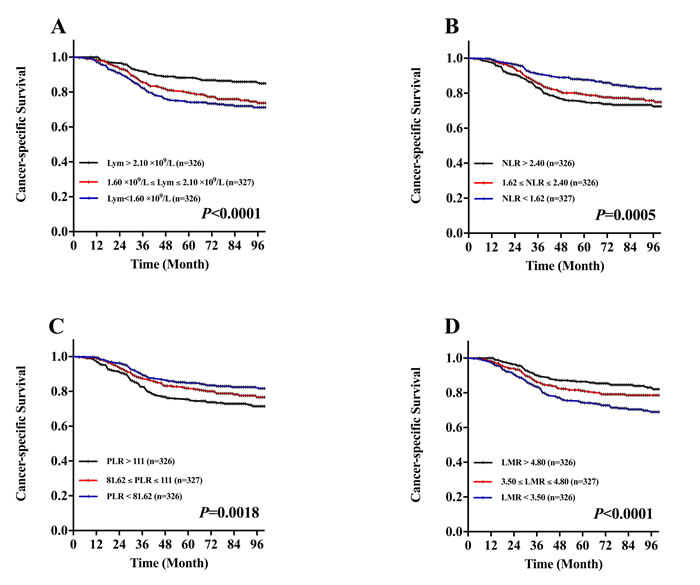 Kaplan-Meier CSS curves stratified by the tertile distribution in terms of lymphocytes (Lym), neutrophil-to-lymphocyte ratio (NLR), platelet-to-lymphocyte ratio (PLR) and lymphocyte-to-monocyte ratio (LMR).