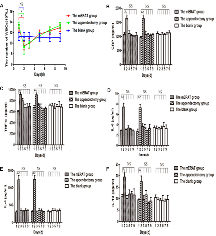 The trend of WBCs and inflammatory cytokines in rabbits of the mERAT group, the appendectomy group and the blank group on days 1, 2, 3, 5, 7, and 9.