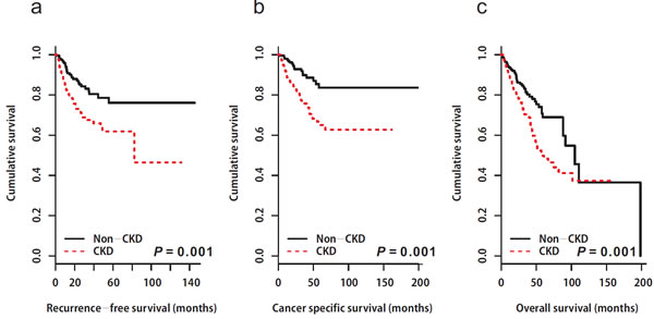 Kaplan-Meier estimates depicting the recurrence-free survival (a), cancer-specific survival (b), and overall survival (c) stratified according to preoperative chronic kidney disease status.