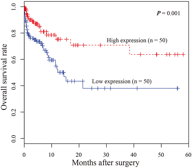 Kaplan&#x2013;Meier survival curves of patients with gastric cancer based on miR-9-3p expression status.