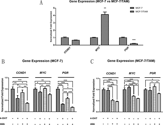 The gene expression of CCND1, MYC and PGR gene was different between MCF-7 and MCF-7/TAM cell line, which changed after treated with 4-OHT combined with ASA.