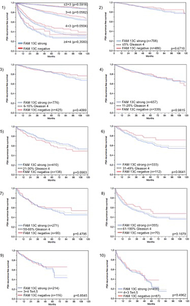 Prognostic impact of FAM13C expression in subsets of cancers defined by the Gleason score.