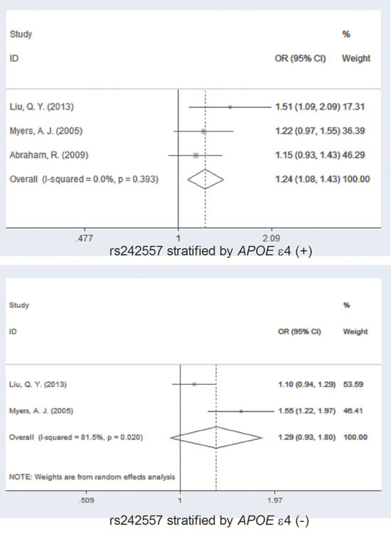 Forest plot for the meta-analysis of the association of SNP rs242557 and AD risk stratified by