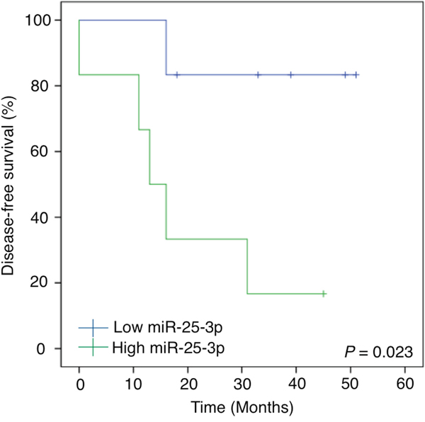 The prognostic value of serum miR-25-3p expression levels at diagnosis.