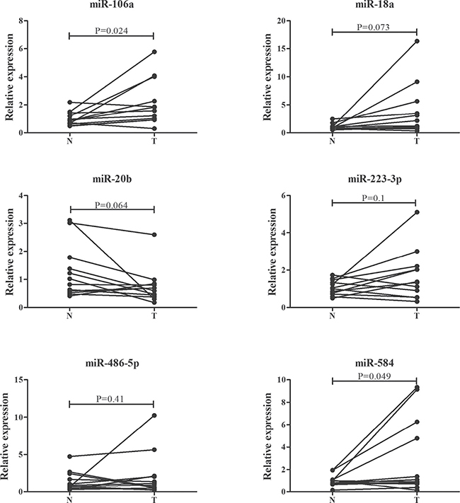 Expression of the six selected miRNAs in the 12 pairs of ESCC and matched normal oesophageal tissues.