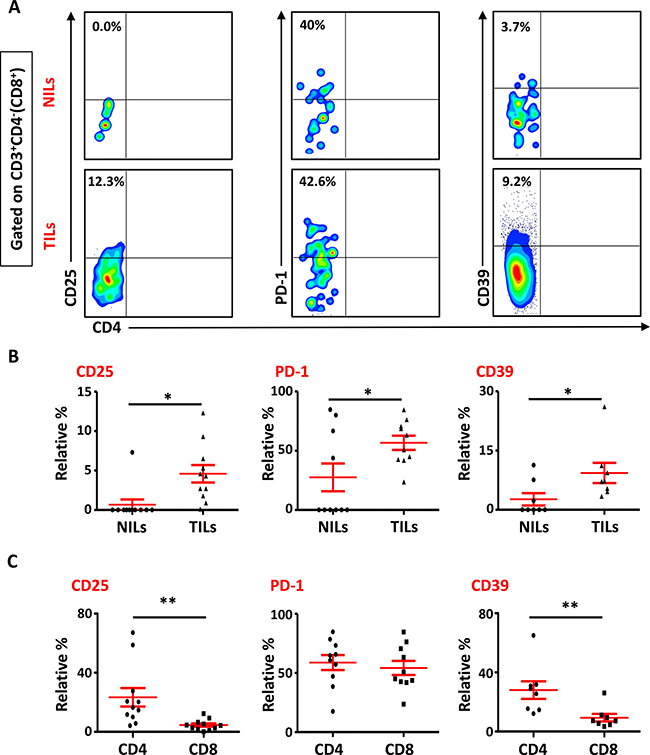 Phenotypic characterization of CD3+CD4- (CD8+) T cells in NILs and TILs.