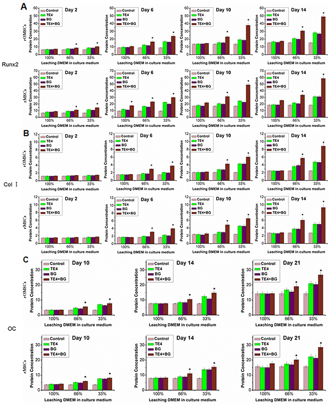 Effect of material powders on osteogenic differentiation of rOMSCs and rMSCs at the protein level.