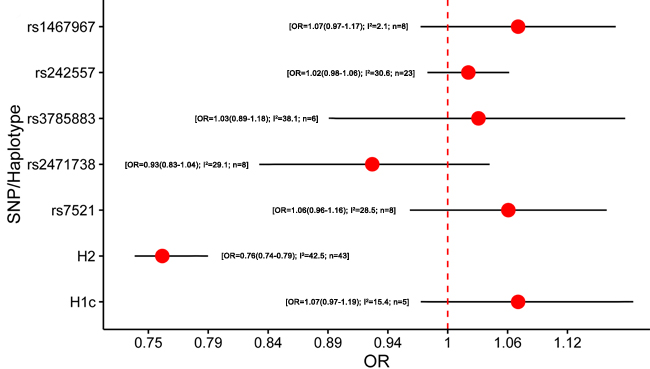 Results of the meta-analysis for five htSNPs, H2 haplotype and H1c subhaplotype in Parkinson&#x2019;s disease.