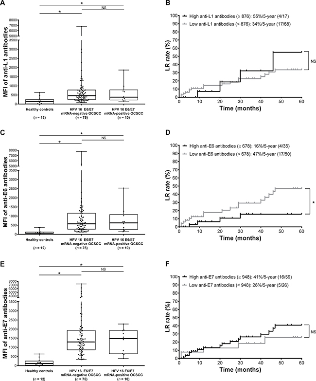 Serologic antibody profiles against human papilloma virus (HPV) 16 antigens and risk stratification in terms of 5-year LR rates.