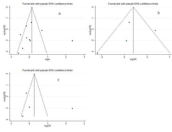 Funnel plots of the associations between the glutathione S-transferase P1 (GSTP1) Ile105Val polymorphism and gynecologic cancer risk for the AG/GG genotype compared with the AA genotype in (a) the overall population, (b) Asian subjects, and (c) Caucasian subjects.