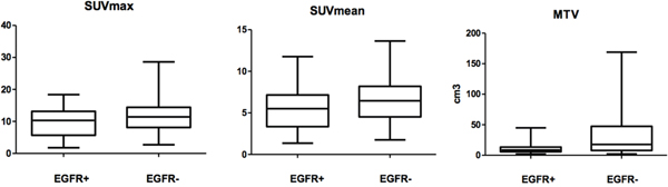 Comparison of metabolic parameters of primary lesions in NSCLC between EGFR+ and EGFR- by Wilcoxon rank-sum test.