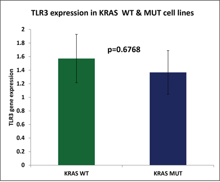 Represents the average TLR3 expression of KRAS wild type cell lines (n=23) and KRAS mutant CRC cell lines (n=33) as measured by RNA sequencing analysis