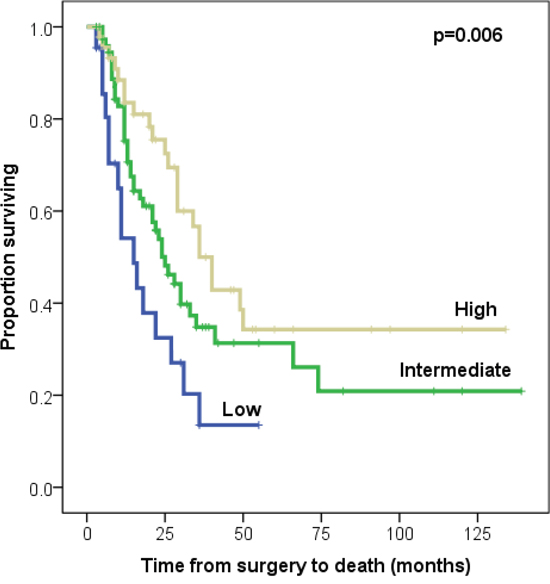 Kaplan-Meier survival curves of low vs. intermediate vs. high FR&#x03B1; expression intensity in 140 PDAC patients.