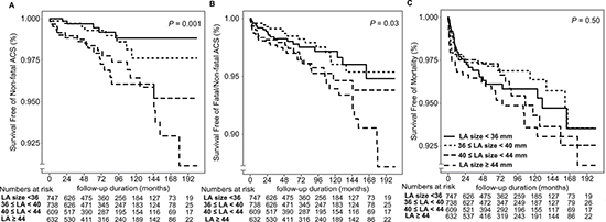 Kaplan&#x2013;Meier curves for post-KT occurrence of ACS and all-cause mortality in the LA size&#x2013;based group.