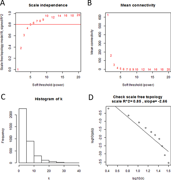 Determination of soft-thresholding power in the weighted gene co-expression network analysis (WGCNA).