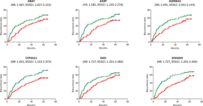 Recurrence analysis of the association between the expression levels of ABAT, AGXT, ALDH6A1, CYP4A11, DAO and EHHADH and recurrence rates in hepatocellular carcinoma (HCC) (based on microarray data of GSE14520).