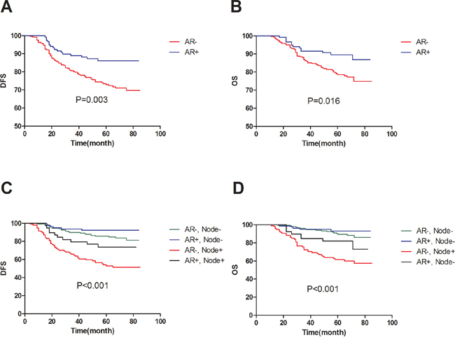 The distributions of the survival curves by androgen receptor in 360 TNBC patients.