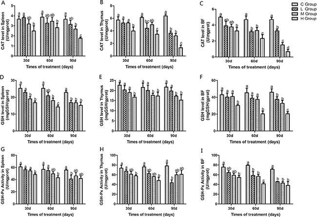 Effects of As2O3 on activities of CAT, GSH and GSH-Px at 30, 60 and 90 days.