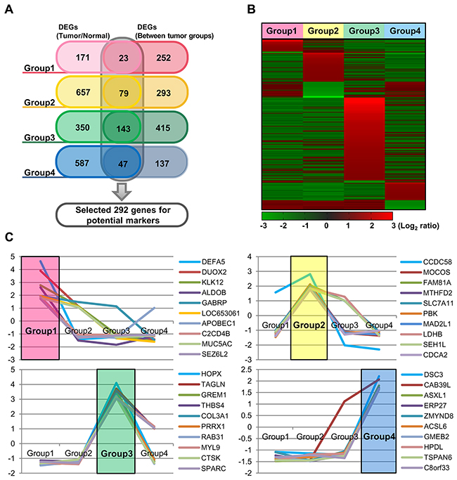 Identification of mRNAs differentially expressed in each of the four groups, as compared to non-neoplastic colon mucosa tissues and/or the other groups.