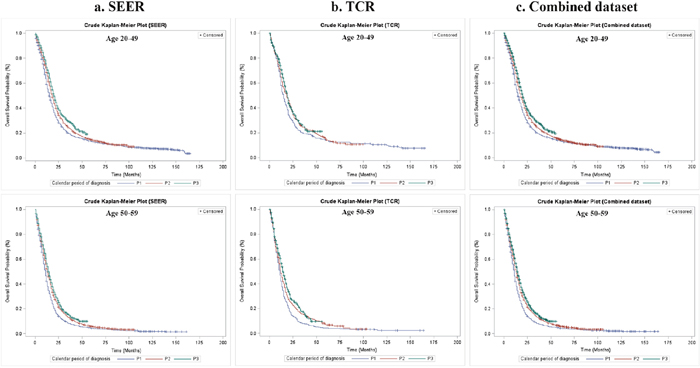 Overall survival of GBM patients by calendar period of diagnosis and age group at diagnosis in SEER, TCR and the combined dataset, Kaplan&#x2013;Meier survival estimates.