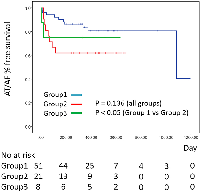 Kaplan-Meier curves of the AT/AF free survival rate for each group.