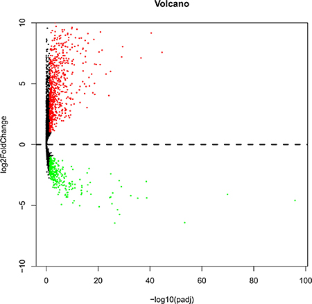 Volcano plot of the differentially expressed lncRNAs between LUSC and para-carcinoma tissues.
