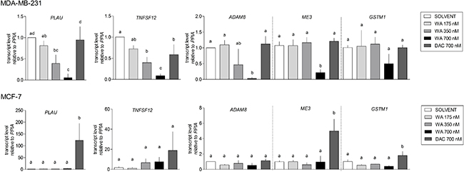 Verification of gene expression alterations in WA treated MDA-MB-231 and MCF-7 cells.