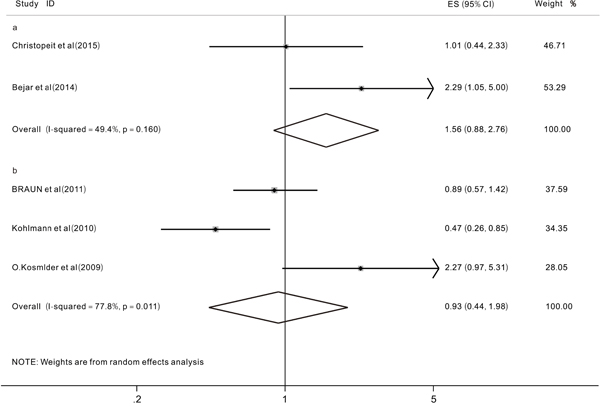 Forest plots of the hazard ratios (HRs) and 95% confidence intervals for overall survival (OS) in MDS patients treated with HSCT (a) and the hazard ratios (HRs) and 95% confidence intervals for overall survival (OS) in WHO-classified CMML patients (b).