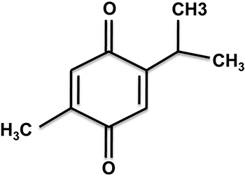 The molecular structure of thymoquinone (Chemical name: 2-Isopropyl-5-methylbenzo-1,4-quinone).