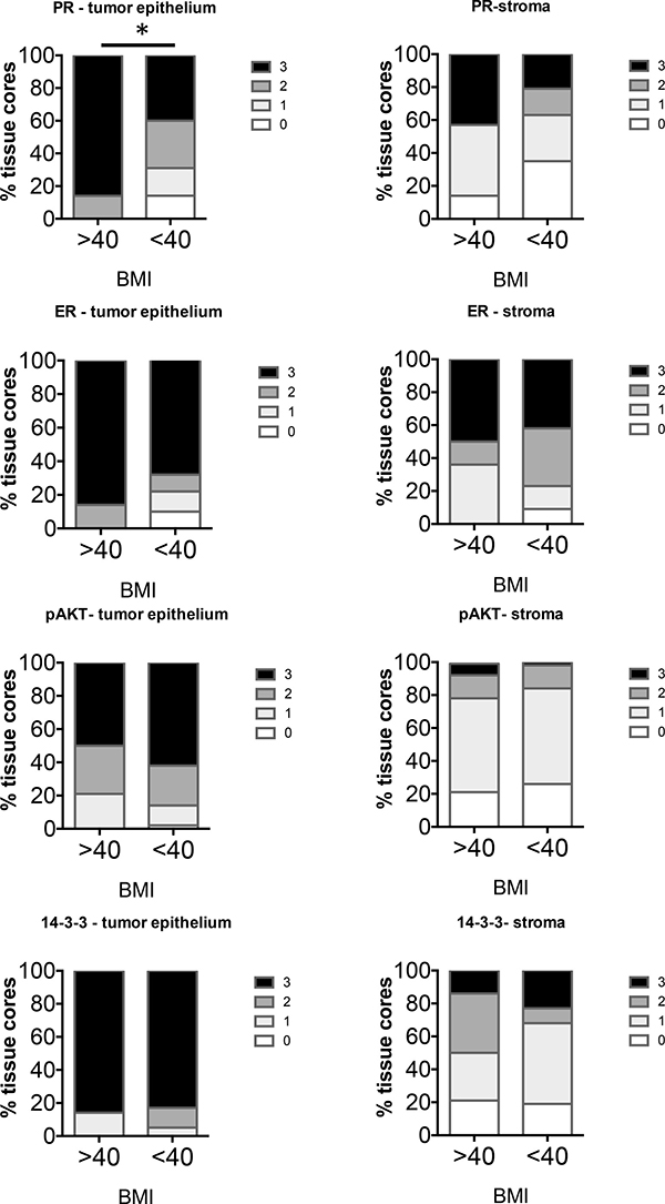 Comparison of distribution of intensity scores of Type I tumors from women with BMI &#x003E; or &#x003C; 40.