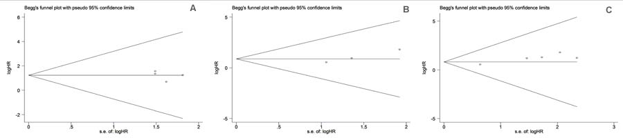 Funnel plots of studies evaluating the PLK1 expression and survival in BC patients A. OS; B. CSS; C. DFS